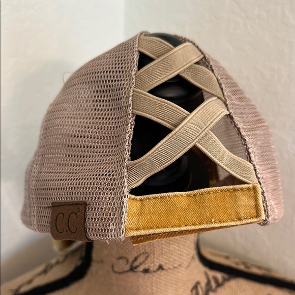 NWOT C.C Ponytail Criss-Cross Distressed Baseball Cap - Mustard/Khaki - Picture 5 of 6